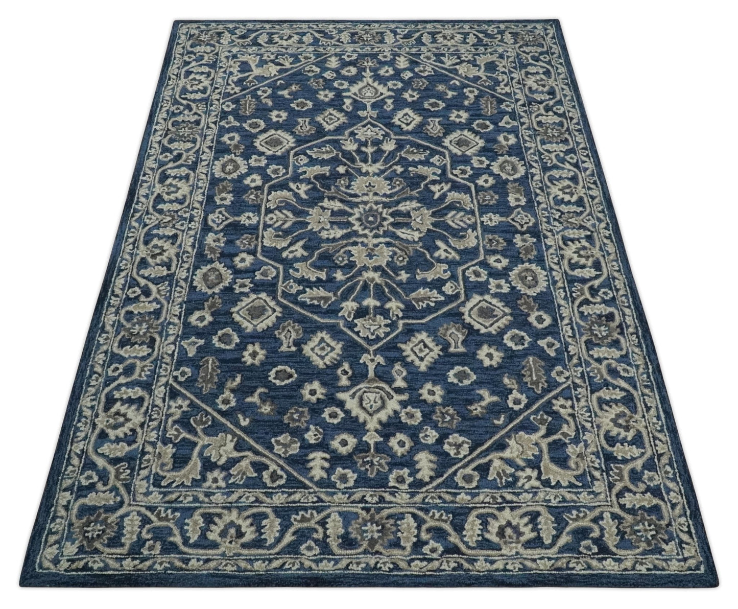 Multi Size Hand Tufted Blue and Beige Traditional Medallion 8x10, 9x12 Antique Style Rug, Kids, Living Room and Bedroom Rug | TRD6441