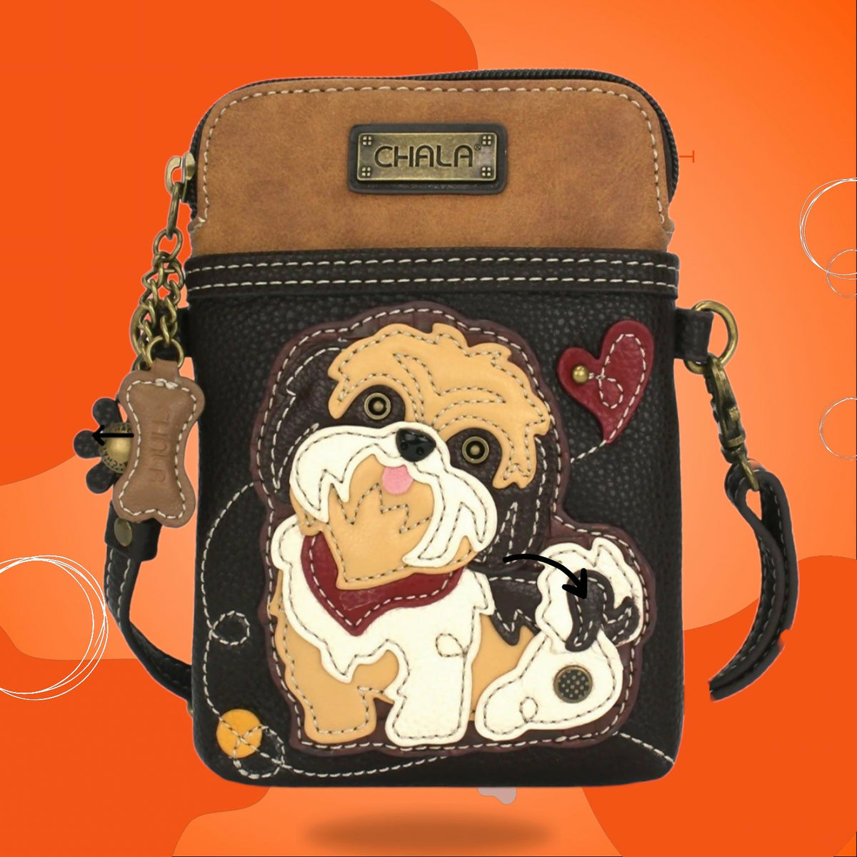 Anytime Crystals Chala Handbags Cellphone Xbody - Brown Shih Tzu