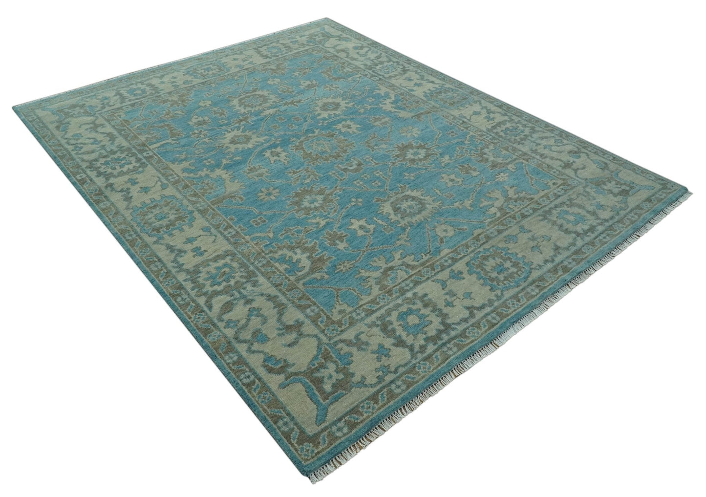 Origin Custom Made Blue and Beige Oushak Hand Knotted Wool Rug