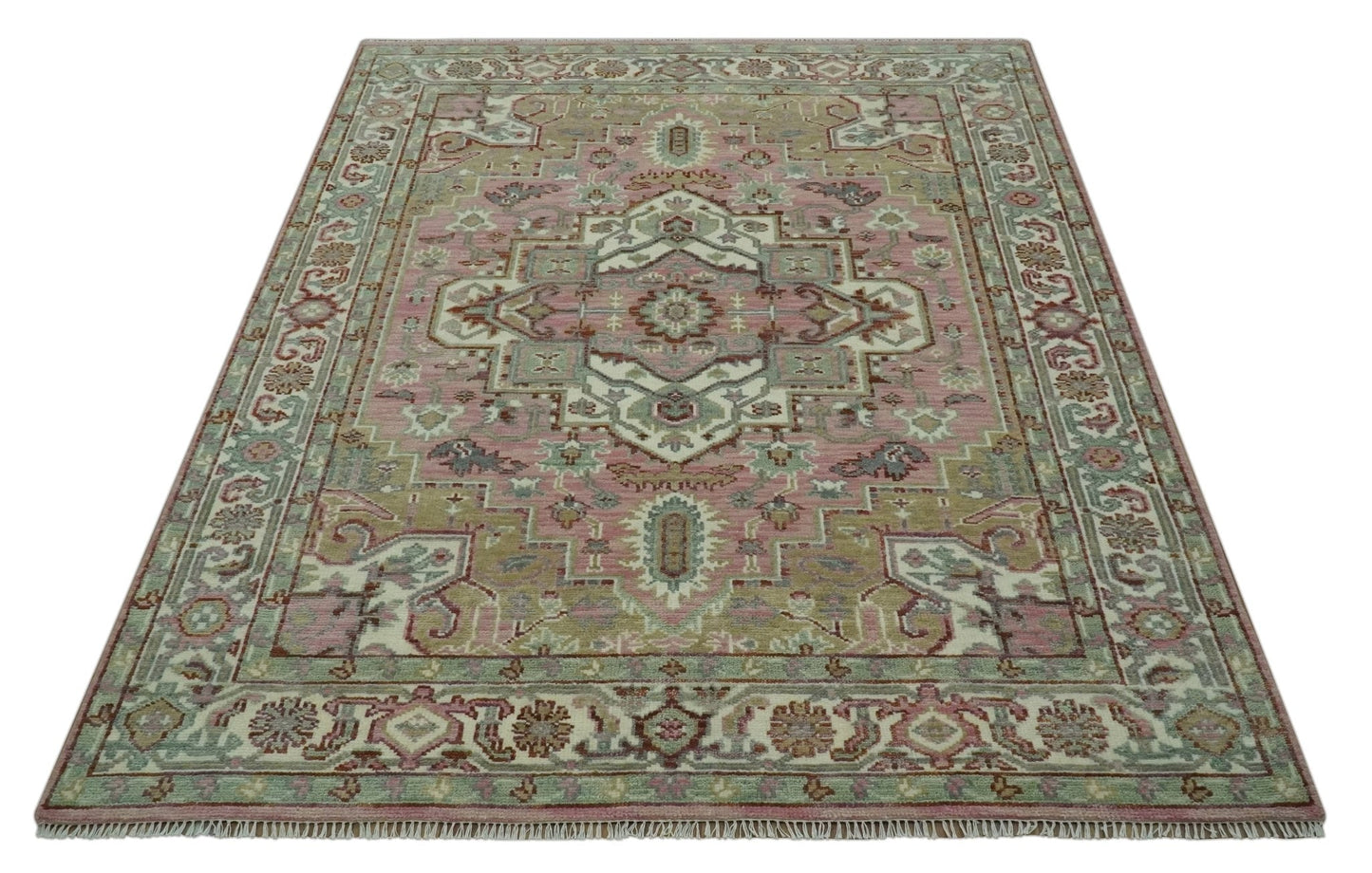 Pink, Ivory and Olive Hand Knotted Traditional Custom Made Size wool Rug