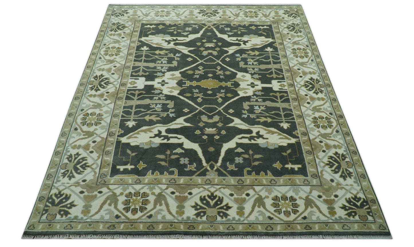 Richmond Custom Made Charcoal and Beige Hand Knotted Oushak wool Area Rug