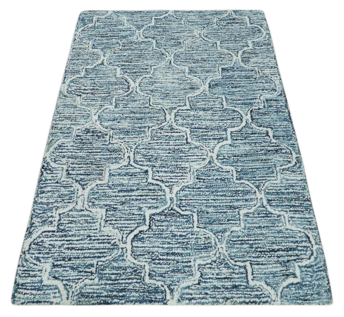 Silver, Blue and Ivory Modern Geometric Hand Tufted Multi Size Natural Wool Rug
