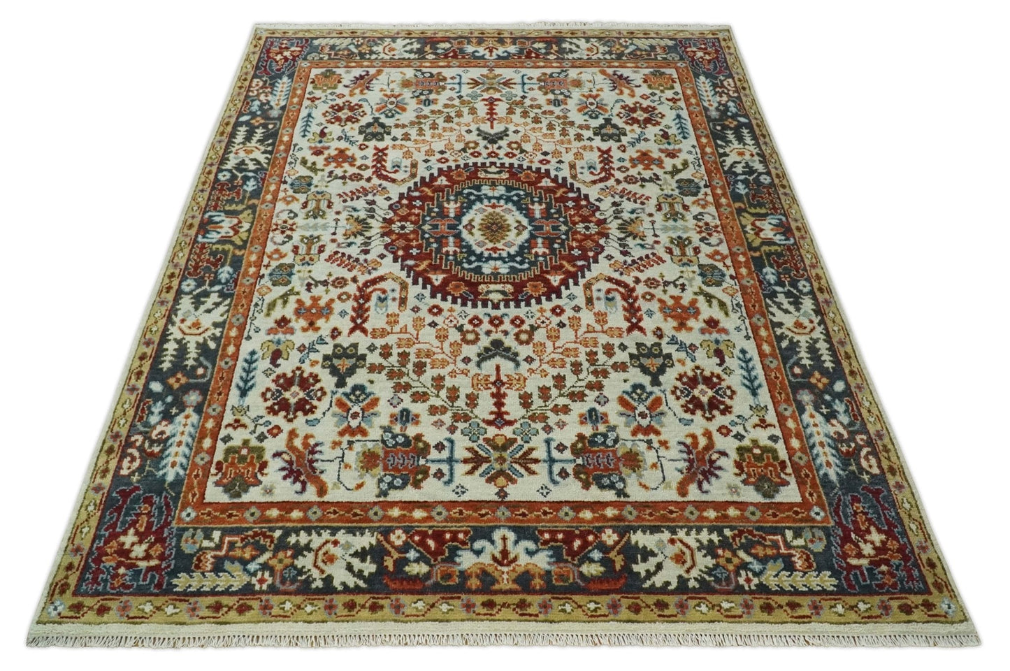 Tabriz Antique Hand Knotted Ivory, Charcoal and Rust Modern Traditional Multi Size Wool Rug