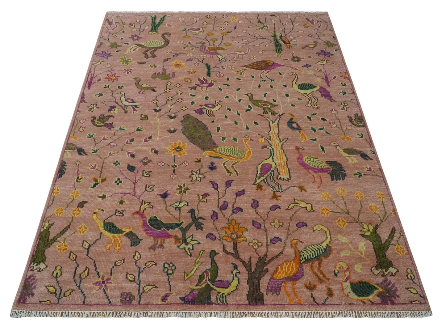 The Jungle Life Peacock on tree Rug Hand Knotted Multi Size Peach Wool Rug