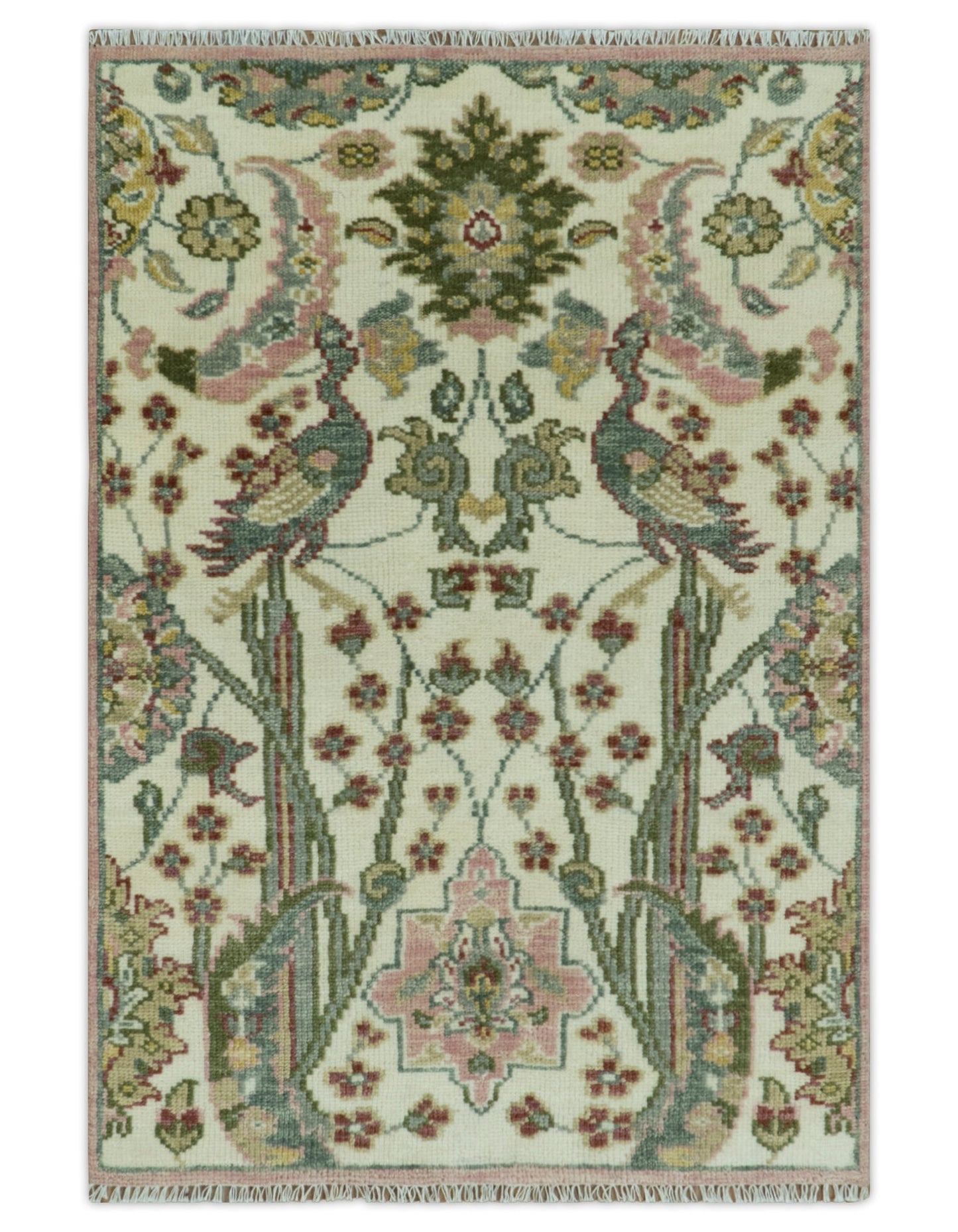 The Peacock Garden Ivory and Green Bird Hand Knotted Multi size Wool Area Rug