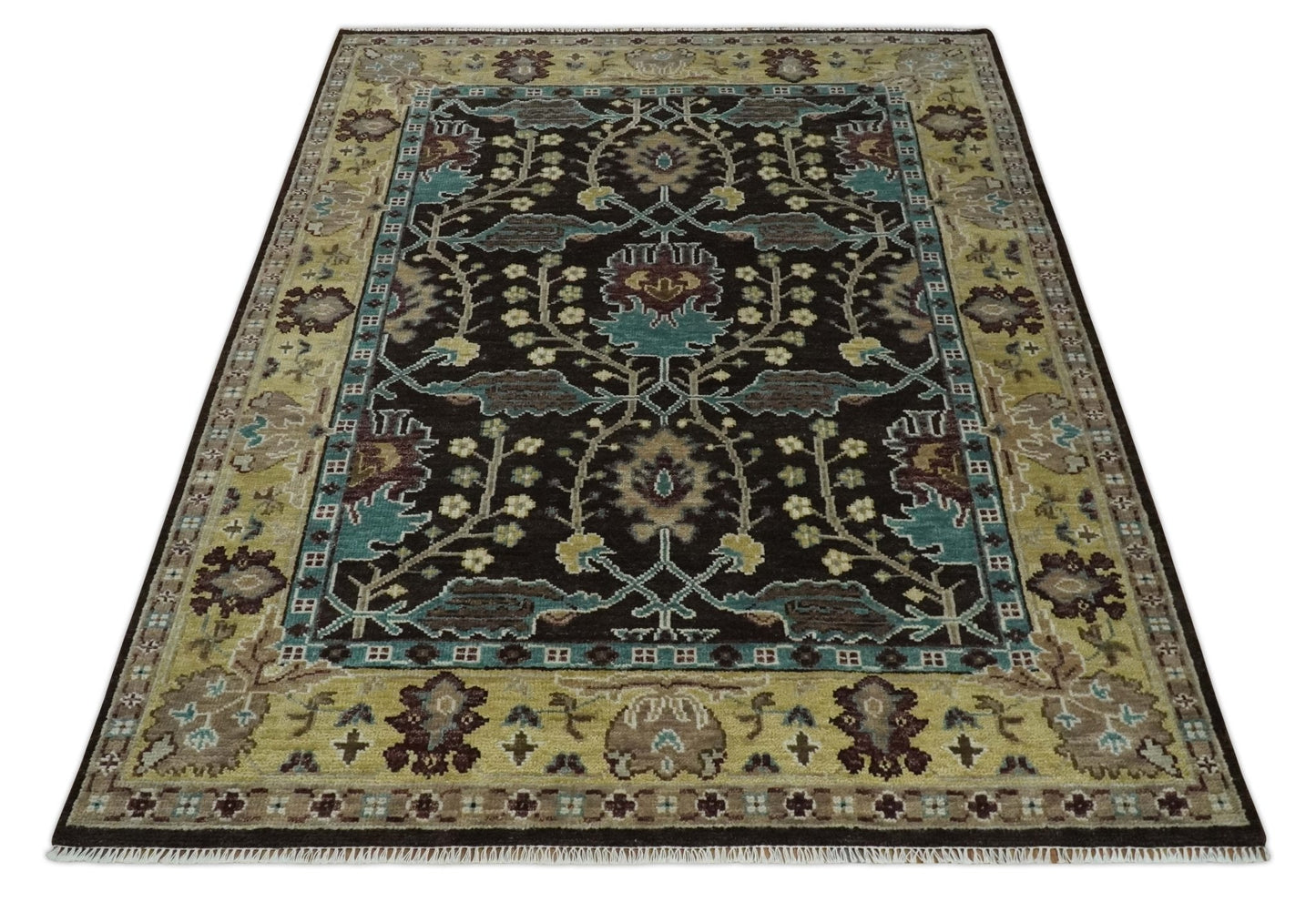 Traditional Black, Beige and Blue Antique Style Hand knotted Wool Area Rug
