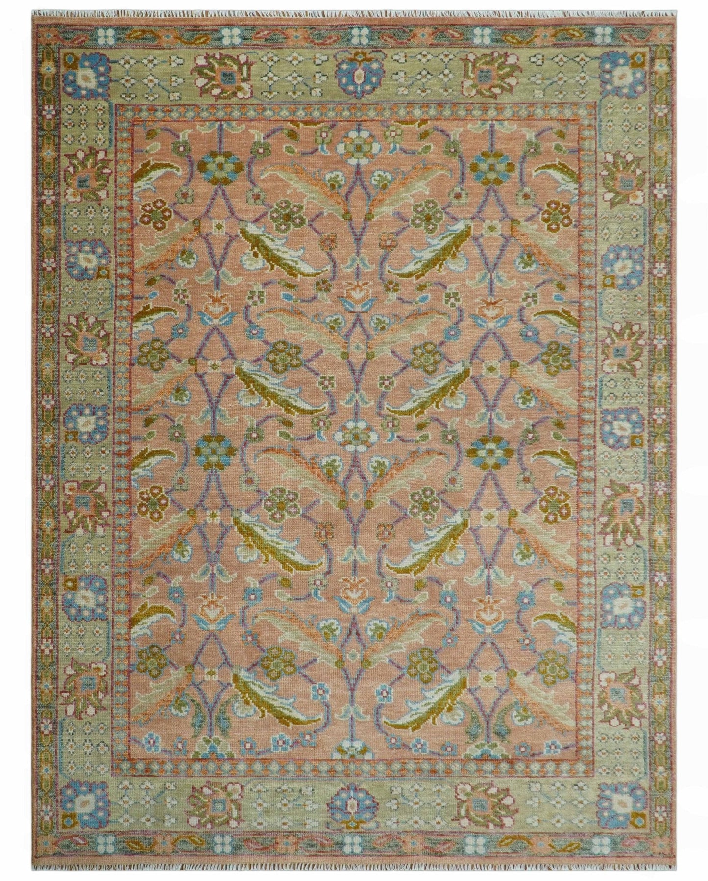 Traditional Floral Peach and Green Hand Knotted Custom Made wool area rug