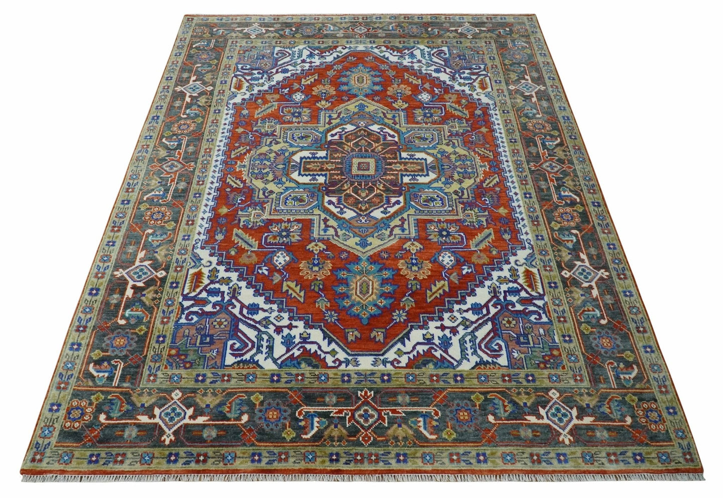Traditional Rust, Ivory, Beige and Charcoal Multi size Hand knotted Wool Area Rug
