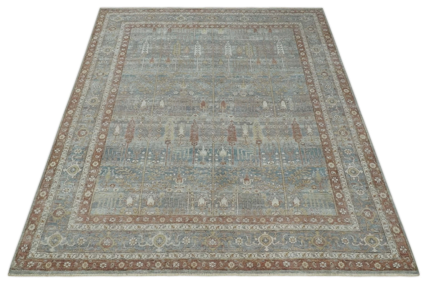 Tree of life Antique Distressed Finished Gray, Silver and Rust Low Pile Multi Size wool Area Rug
