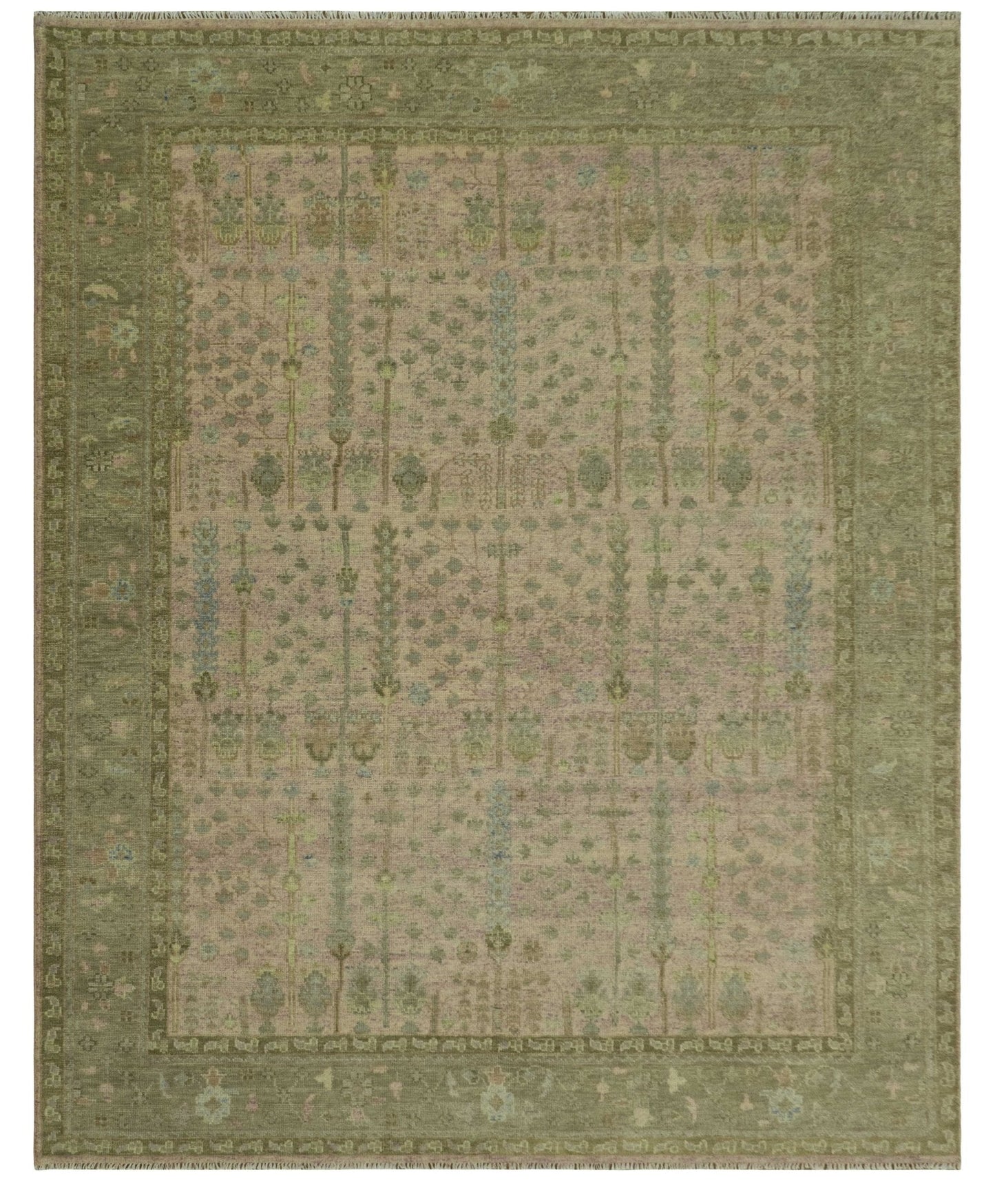 Tree of life Beige, Purple and Olive Hand Knotted Traditional Floral Custom Made wool rug