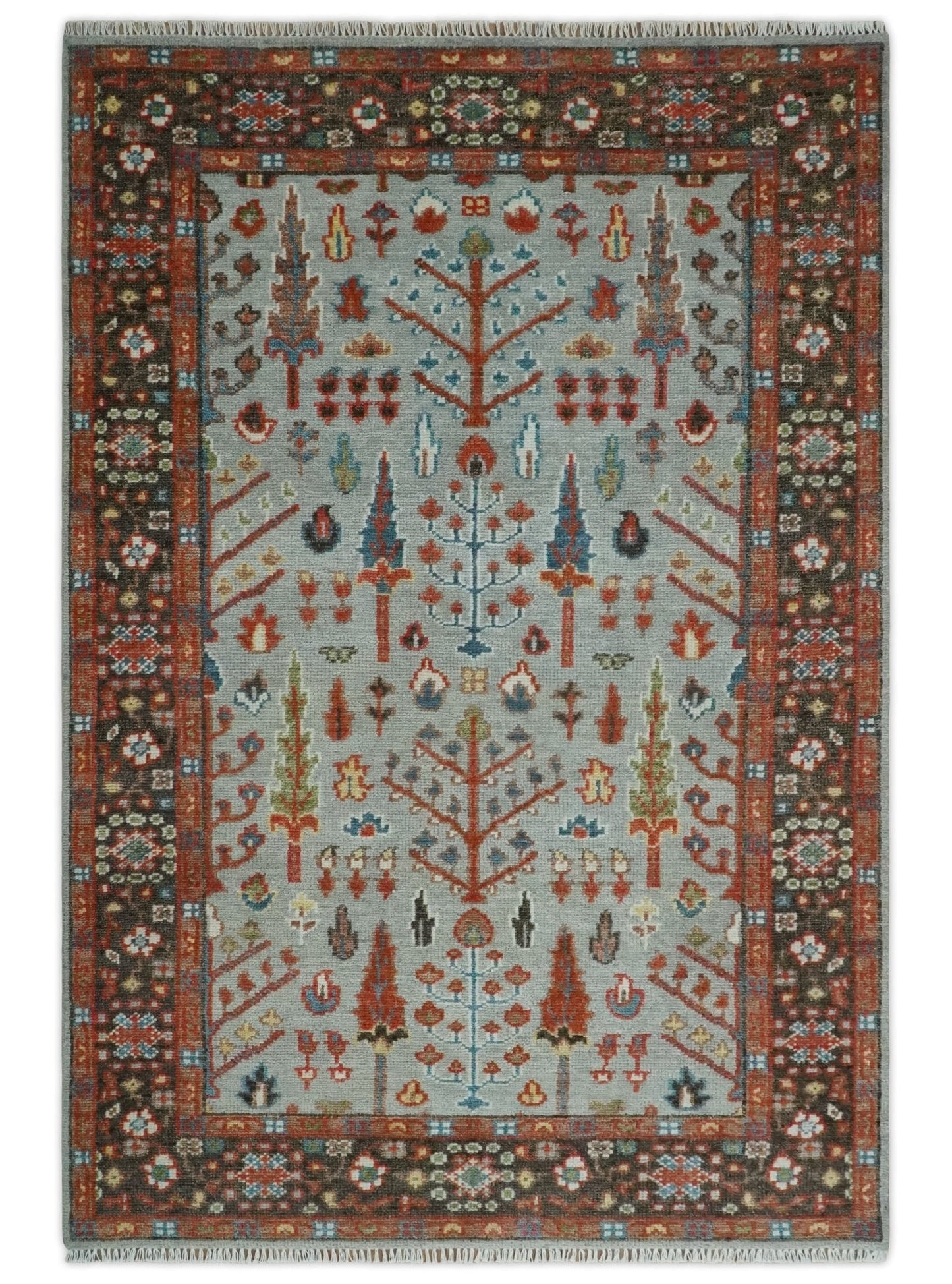 Tree of Life Multi Size Hand Knotted Silver, Brown and Rust Traditional Vintage Oushak Wool Rug