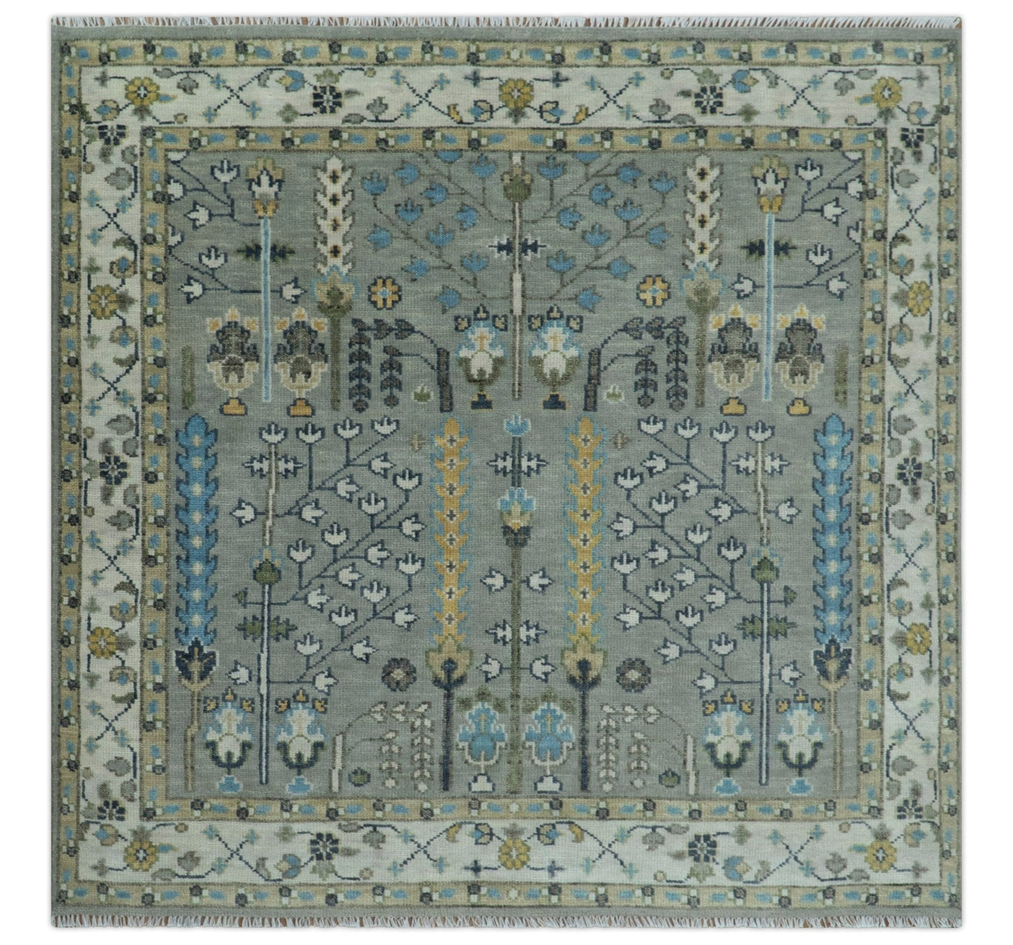Tree of life Silver and Ivory Hand Knotted Traditional Oushak Multi Size Wool Area Rug