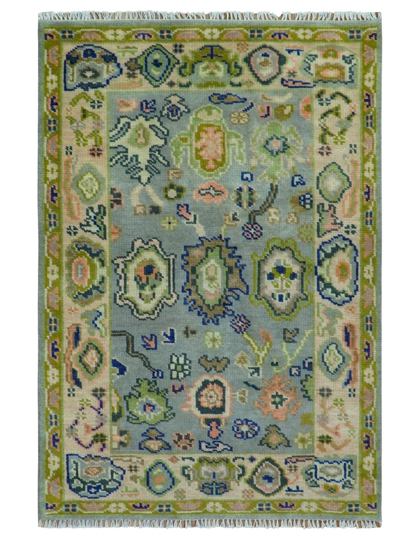 Vibrant Colorful Silver, Green and Light Peach Hand knotted Oushak wool Area Rug