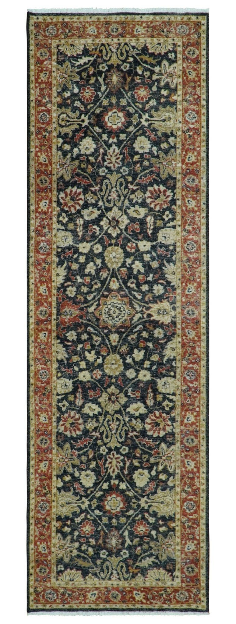Vintage Hand Knotted Traditional Black, Rust and Beige Antique Textured Low Pile Distressed Wool Rug