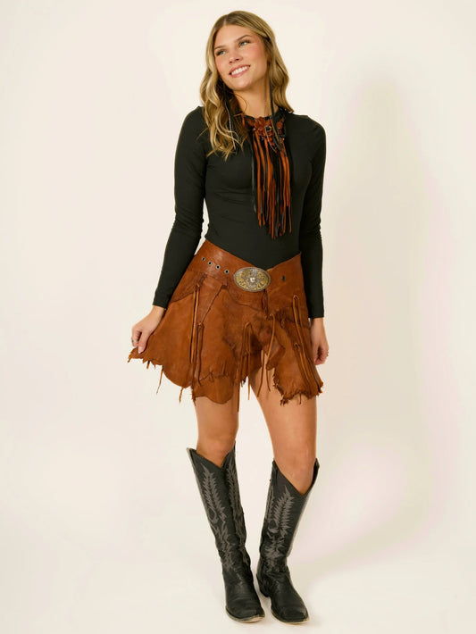 Belt Buckle Deerskin Leather Fringe Wrap Mini Skirt