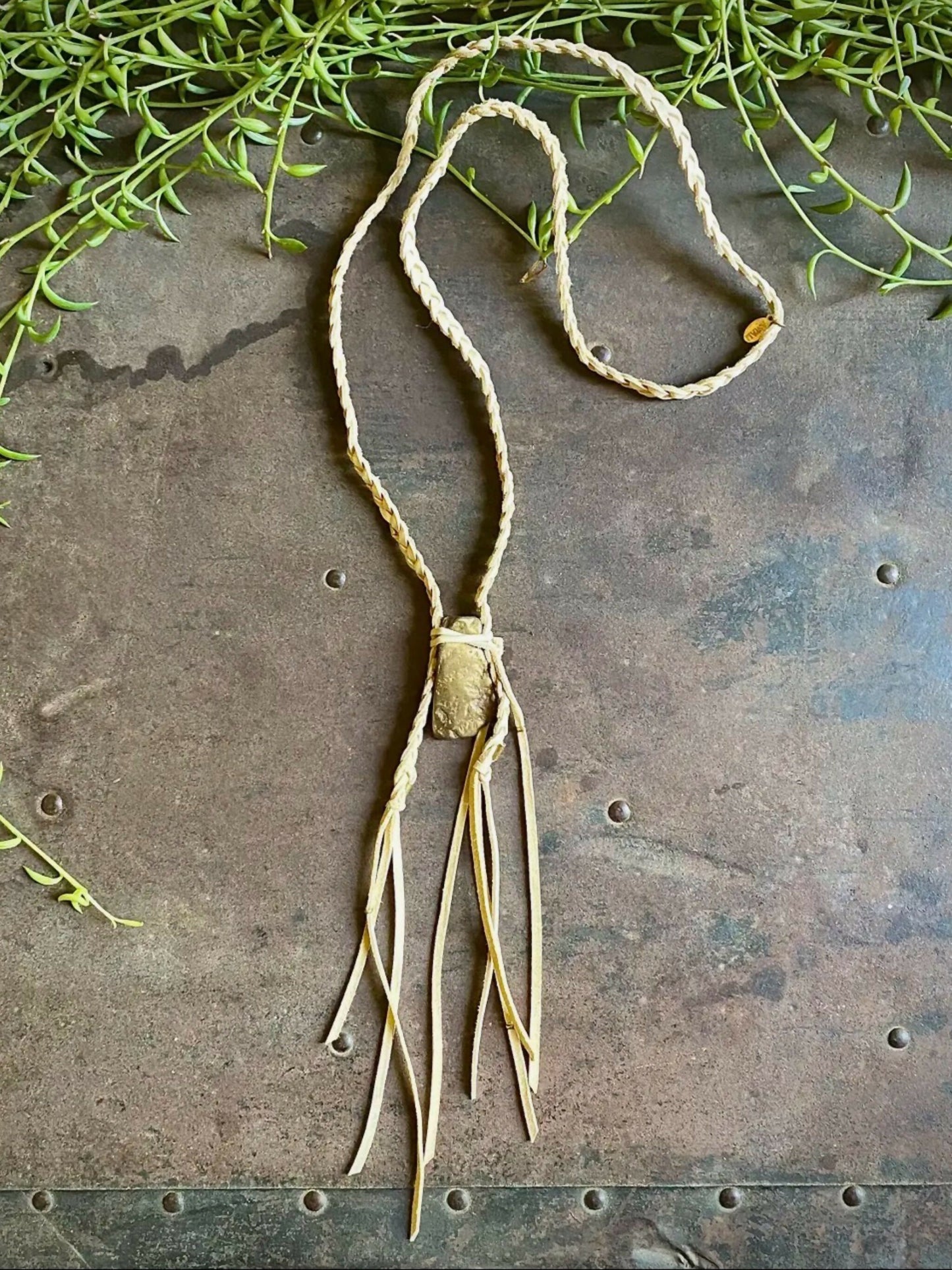 Cream Leather & Druzy Quartz Stone Necklace