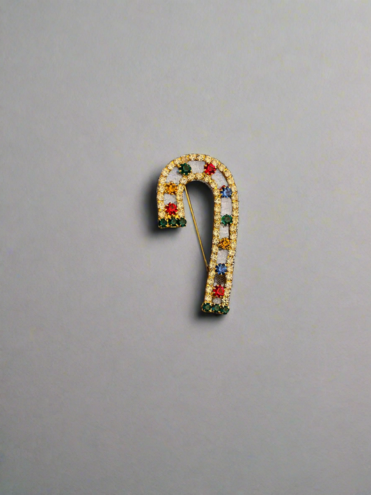 VTG Gold Tone Rhinestone Christmas Candy Cane Brooch Pin
