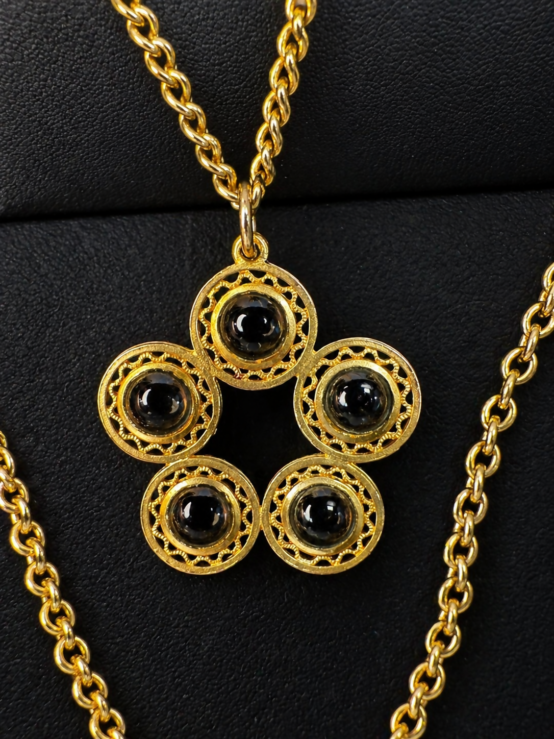 Vintage Celebrity Gold Tone 39” Necklace with Glass Cabochons and Floral Pendant