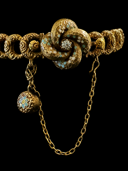14K Yellow Gold Vintage-Style Enamel & Old European Cut Diamond Bracelet | 7”