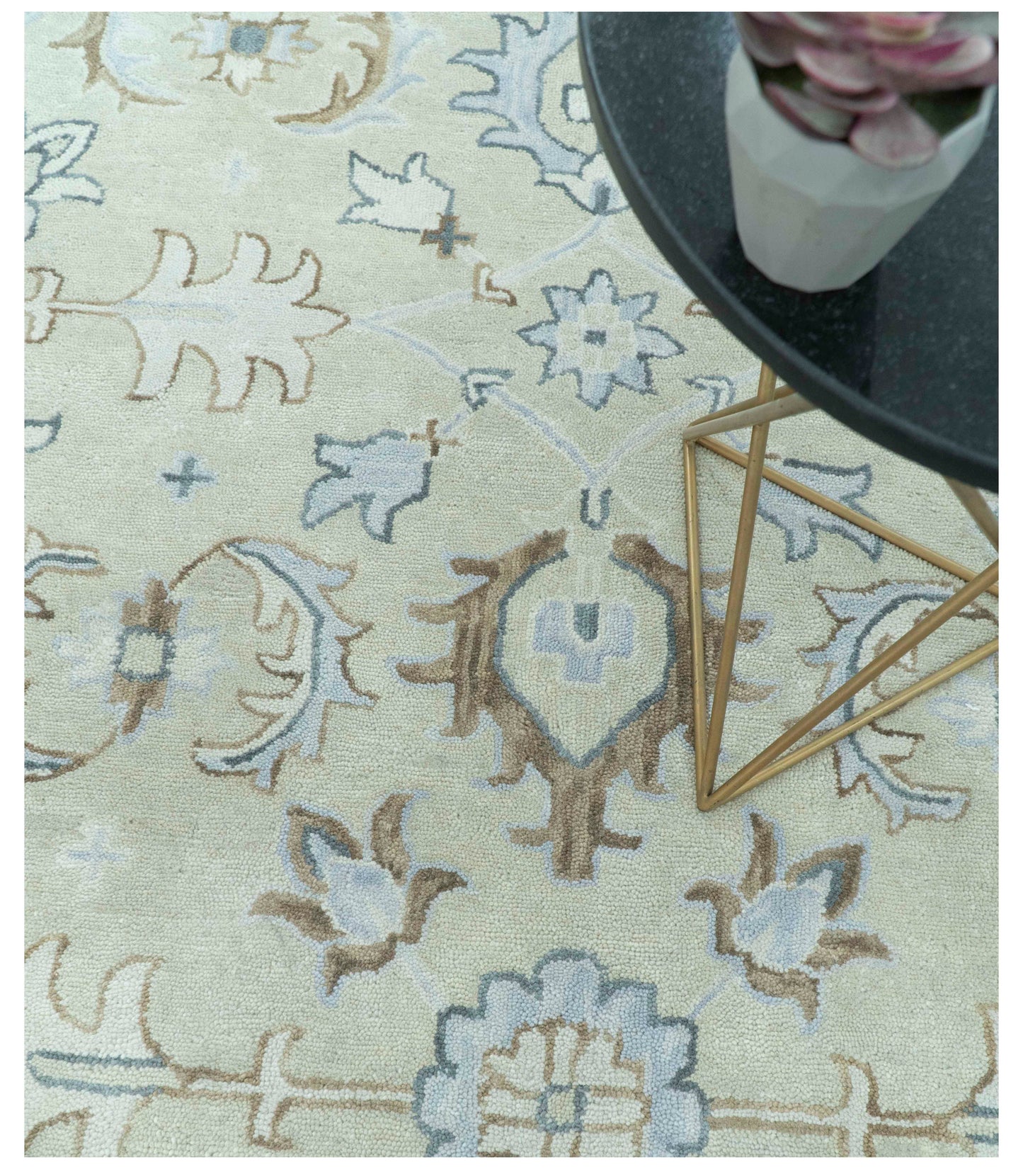 Traditional Oushak Design Beige And Blue Hand Tufted Custom Made Wool Rug