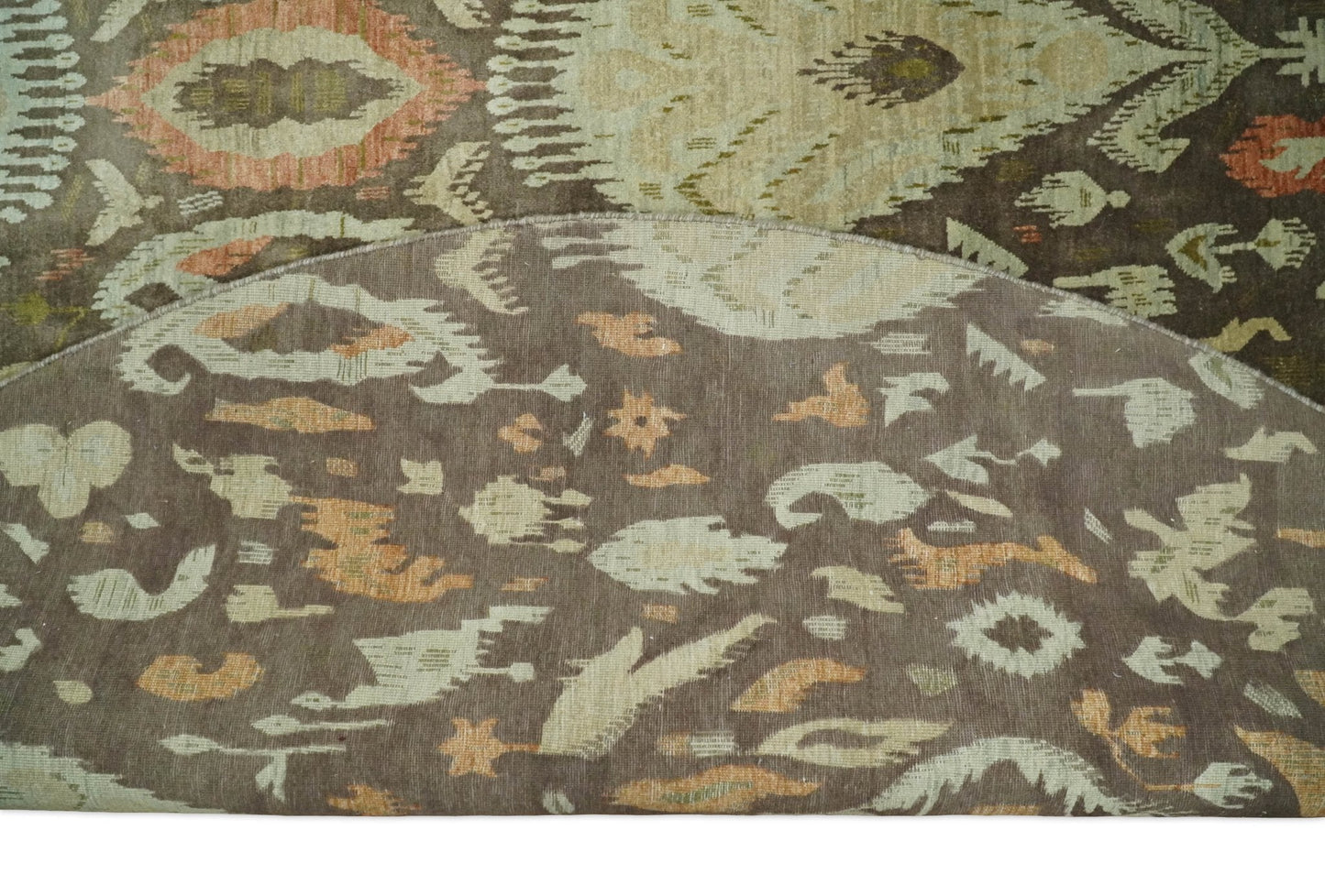 10x10 Round Fine Hand Knotted Green, Rust and Olive Traditional Vintage Persian Style Antique Wool Rug | AGR47