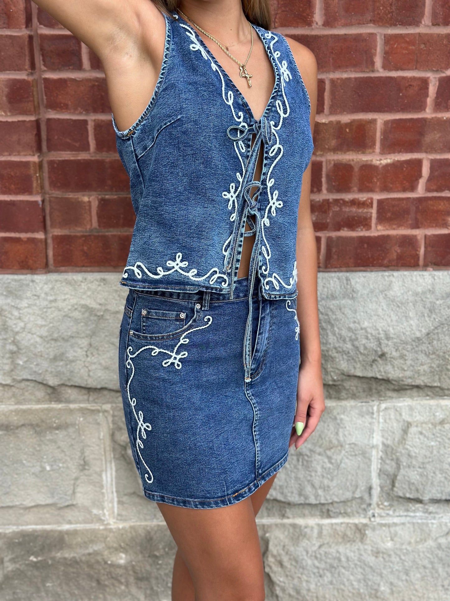 Embroidered Detail Denim Mini Skirt
