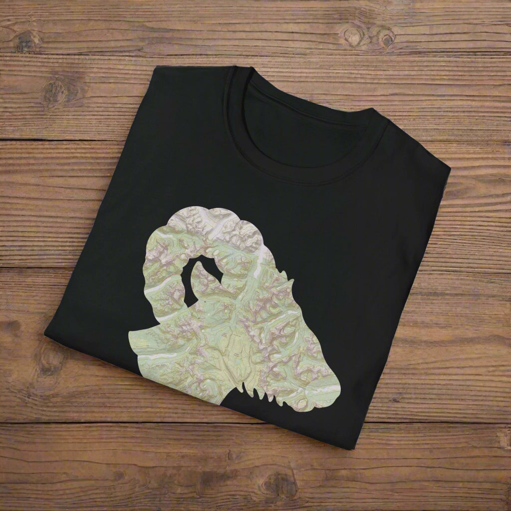 Glacier National Park Topographic Big Horned Sheep Map Unisex Fit Soft T-Shirt