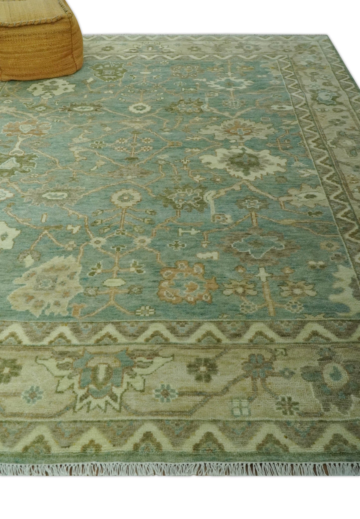 Antique design Green and Beige Traditional Oriental Oushak Custom Made wool area rug