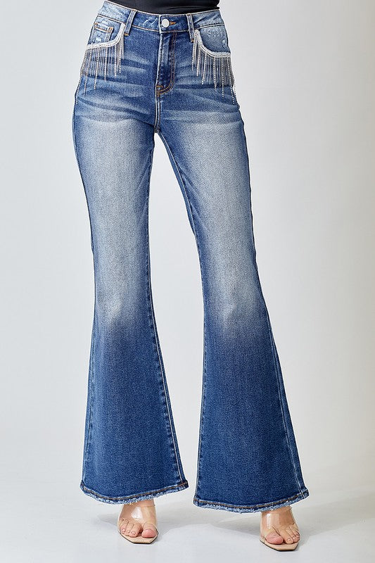 Risen High Rise Rhinestone Flare Jeans