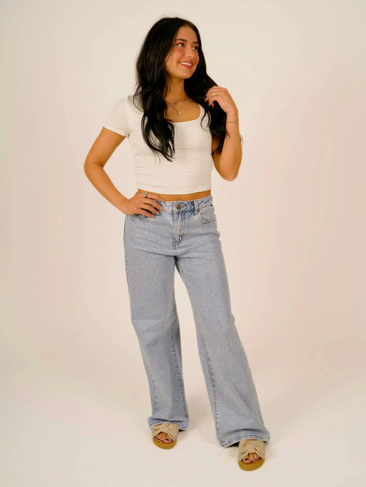 High-Rise Wide-Leg All-Over Rhinestone Jeans