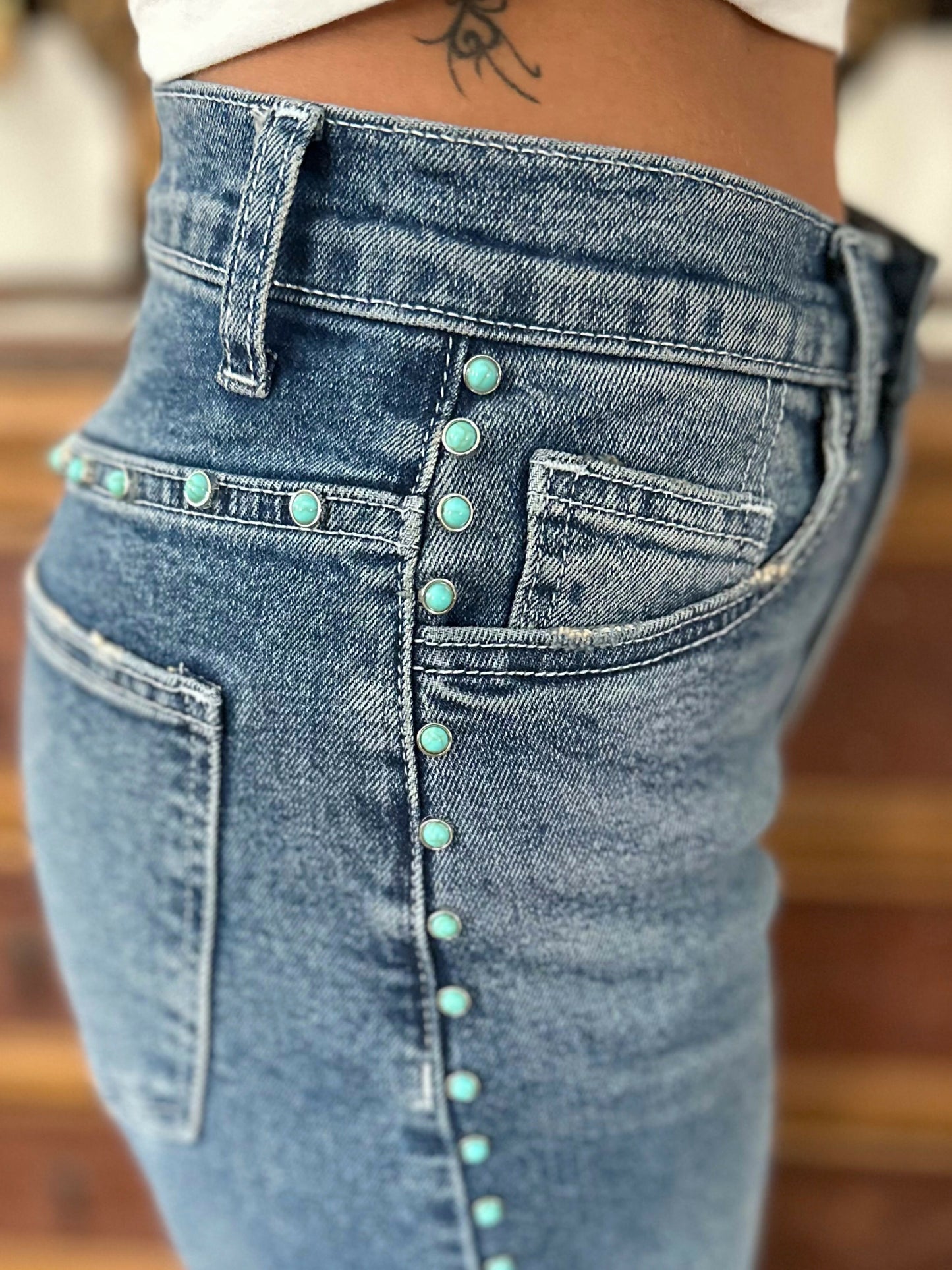 Wide Leg Jeans with Turquoise Gemstone Detail