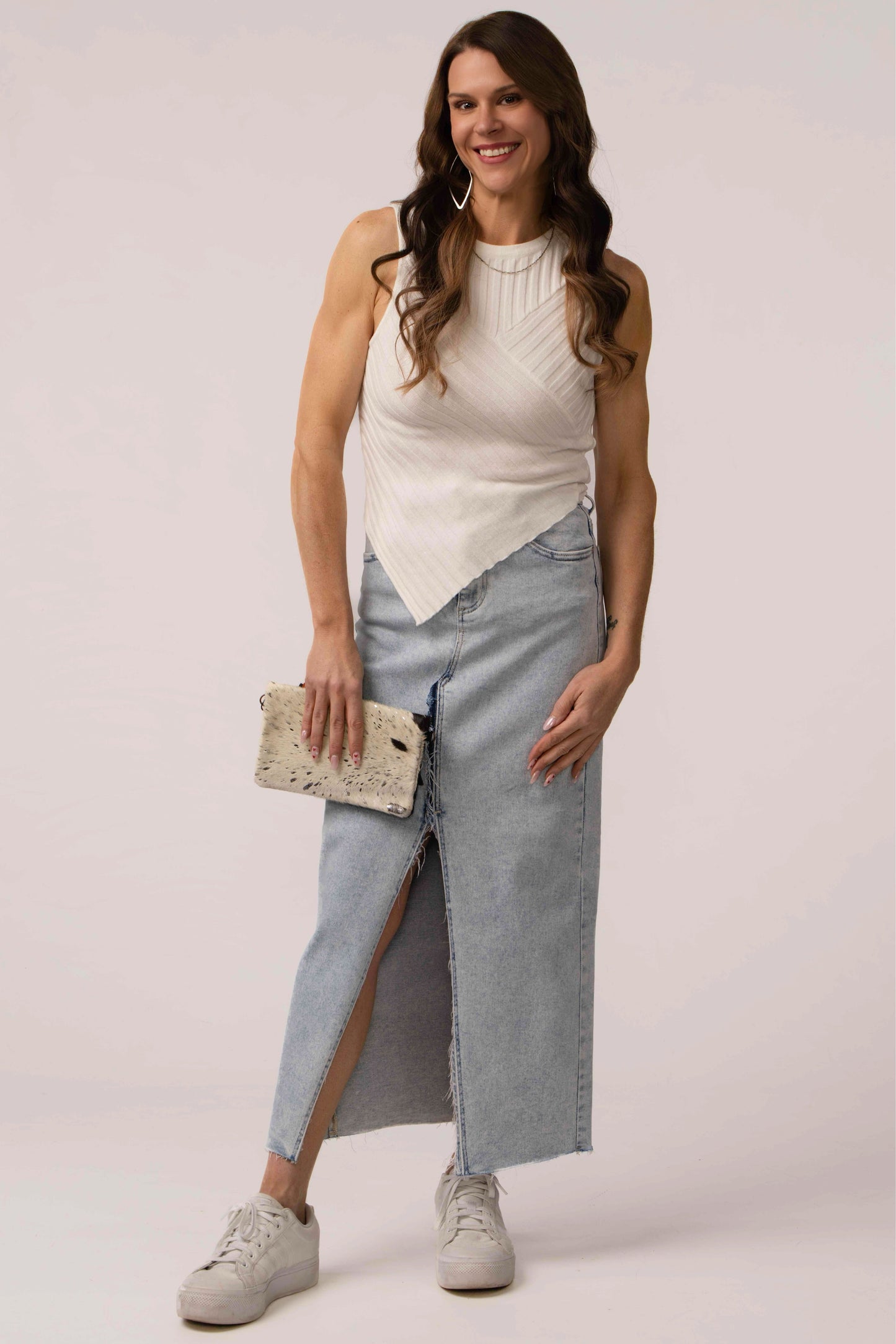 Risen High Rise Crossover Denim Maxi Skirt