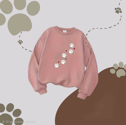 Anytime Crystals Women's Sweatshirt Pink with Paw Prints & Red Hearts