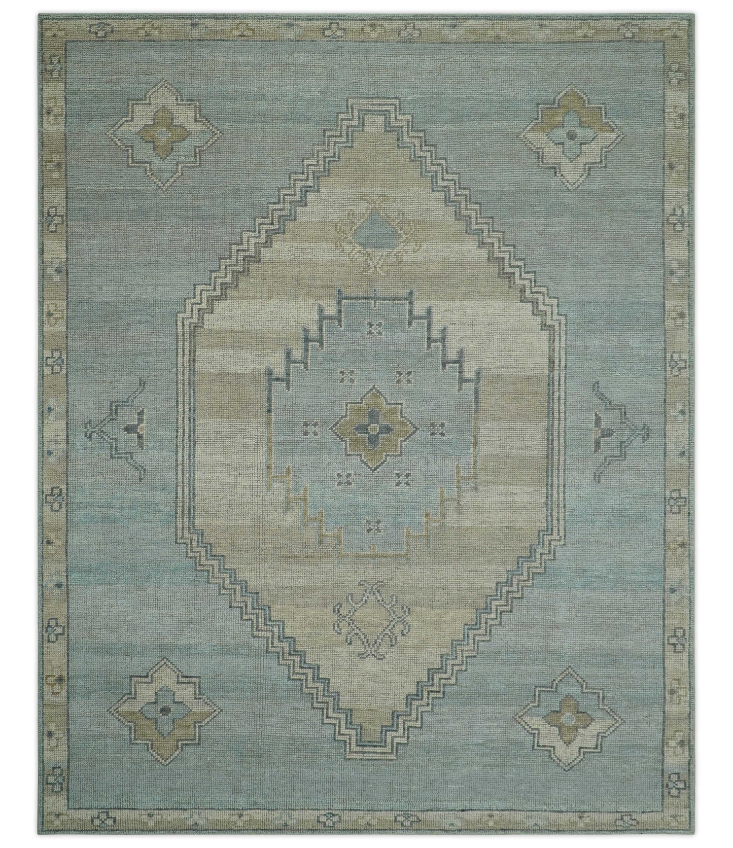 Traditional Medallion Design Blue and Beige Hand Knotted Wool Rug Custom Made