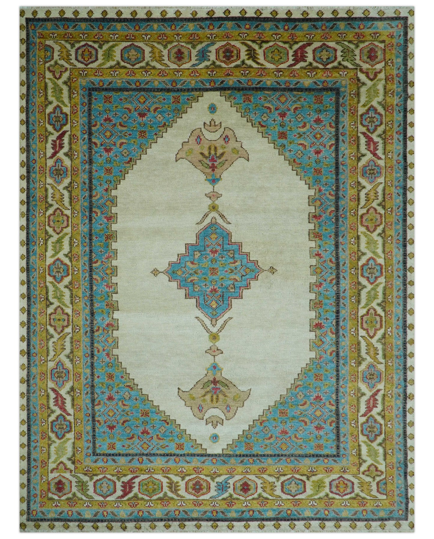 Custom Made Traditional Serapi Design Ivory And Blue Hand Knotted Wool Rug