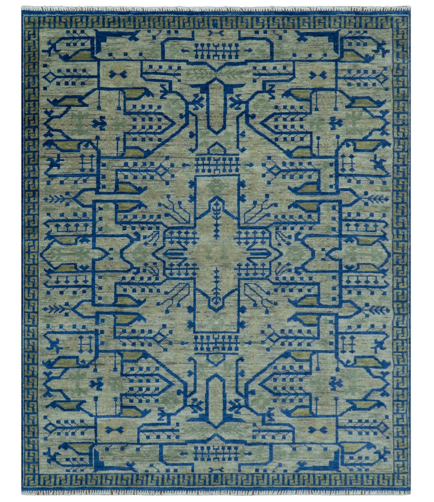 Blue And Beige Modern Design Hand Knotted Custom Made Wool Area Rug