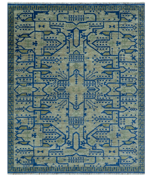 Blue And Beige Modern Design Hand Knotted Custom Made Wool Area Rug