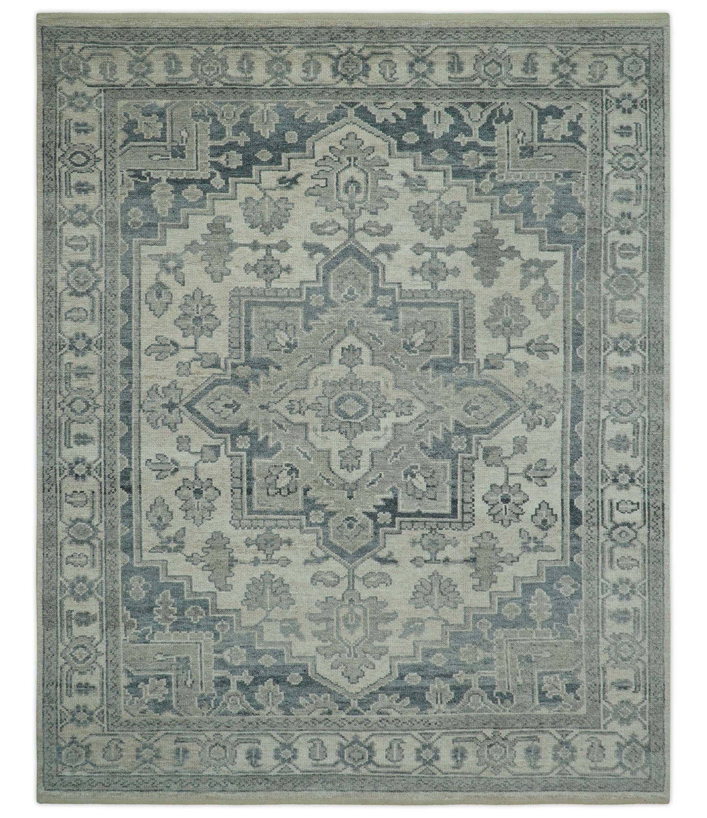 Gray And Beige Turkish Design Hand Knotted Custom Made Wool And Linen Rug