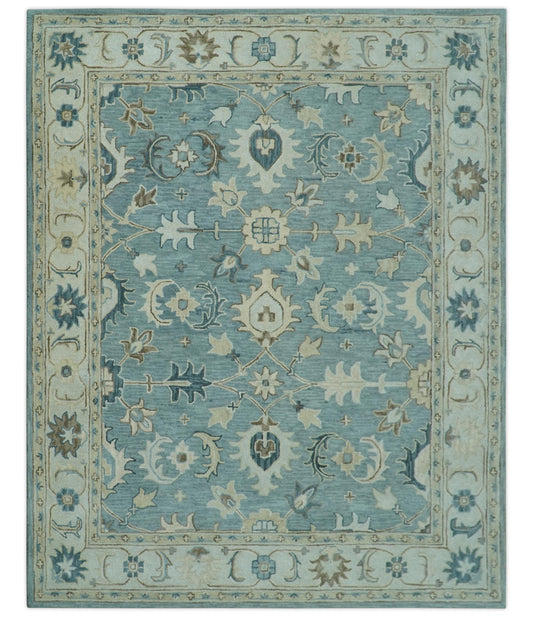 Custom Made Aqua, Ivory and Beige Hand Tufted Oriental Oushak wool area rug