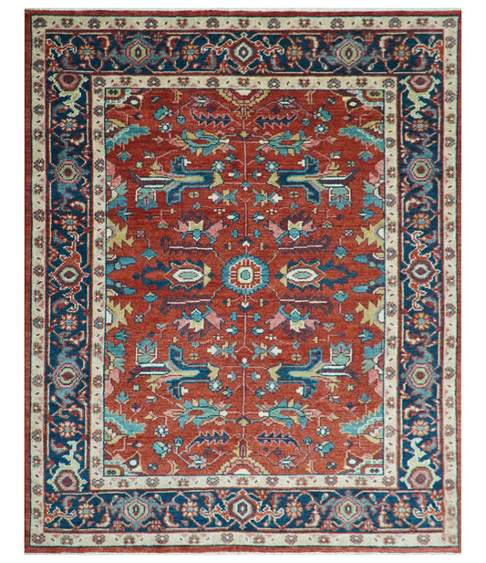 Custom Made Red And Blue Traditional Hand Knotted Wool Rug