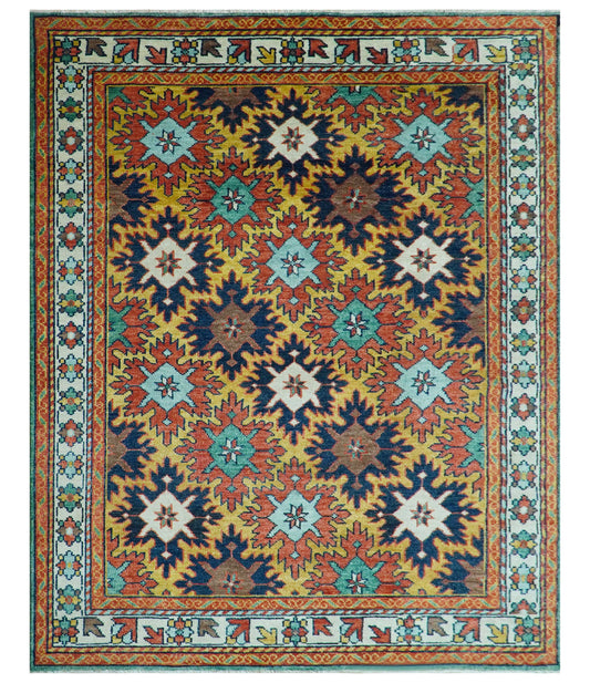 Custom Made Multicolor Vintage Geometric Design Hand Knotted Wool Rug