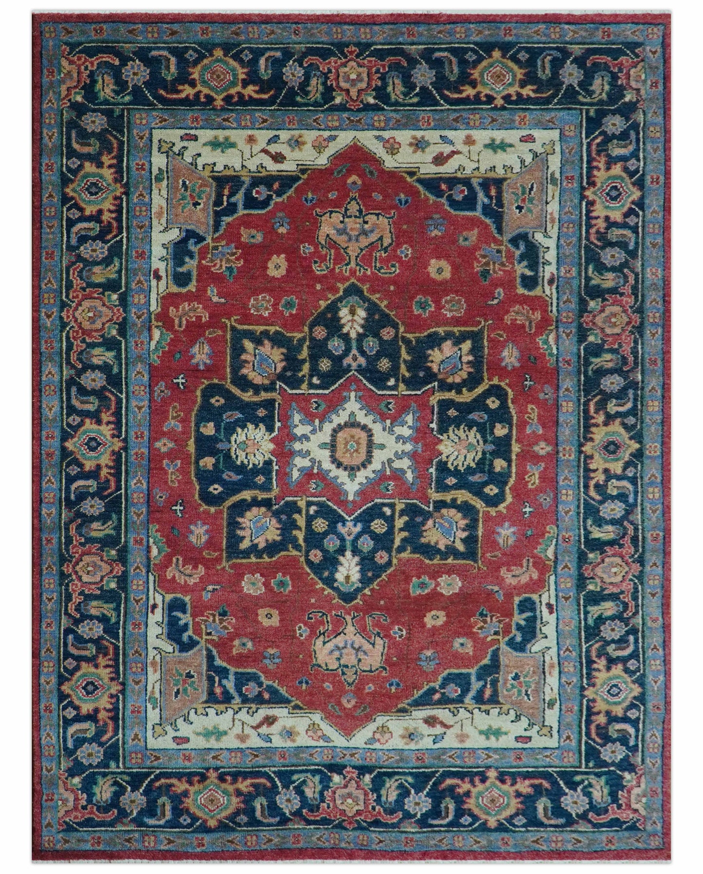 Custom Made Traditional Heriz Red And Blue Hand Knotted Wool Rug