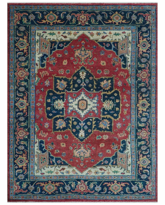 Custom Made Traditional Heriz Red And Blue Hand Knotted Wool Rug
