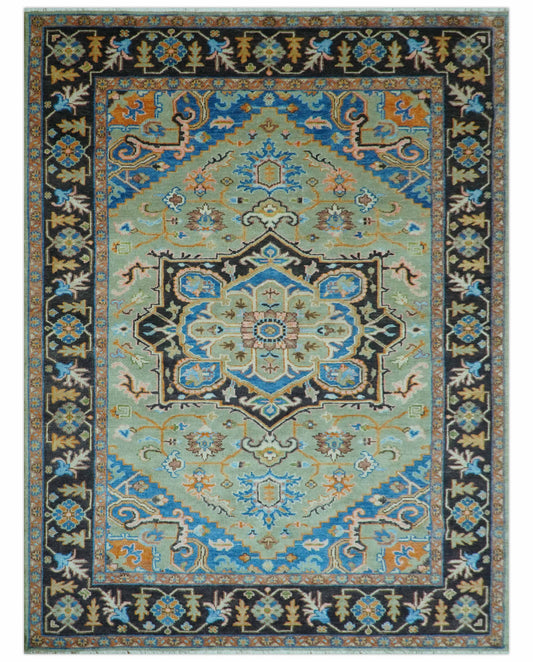 Custom Made Green And Blue Traditional Heriz Hand Knotted Wool Rug