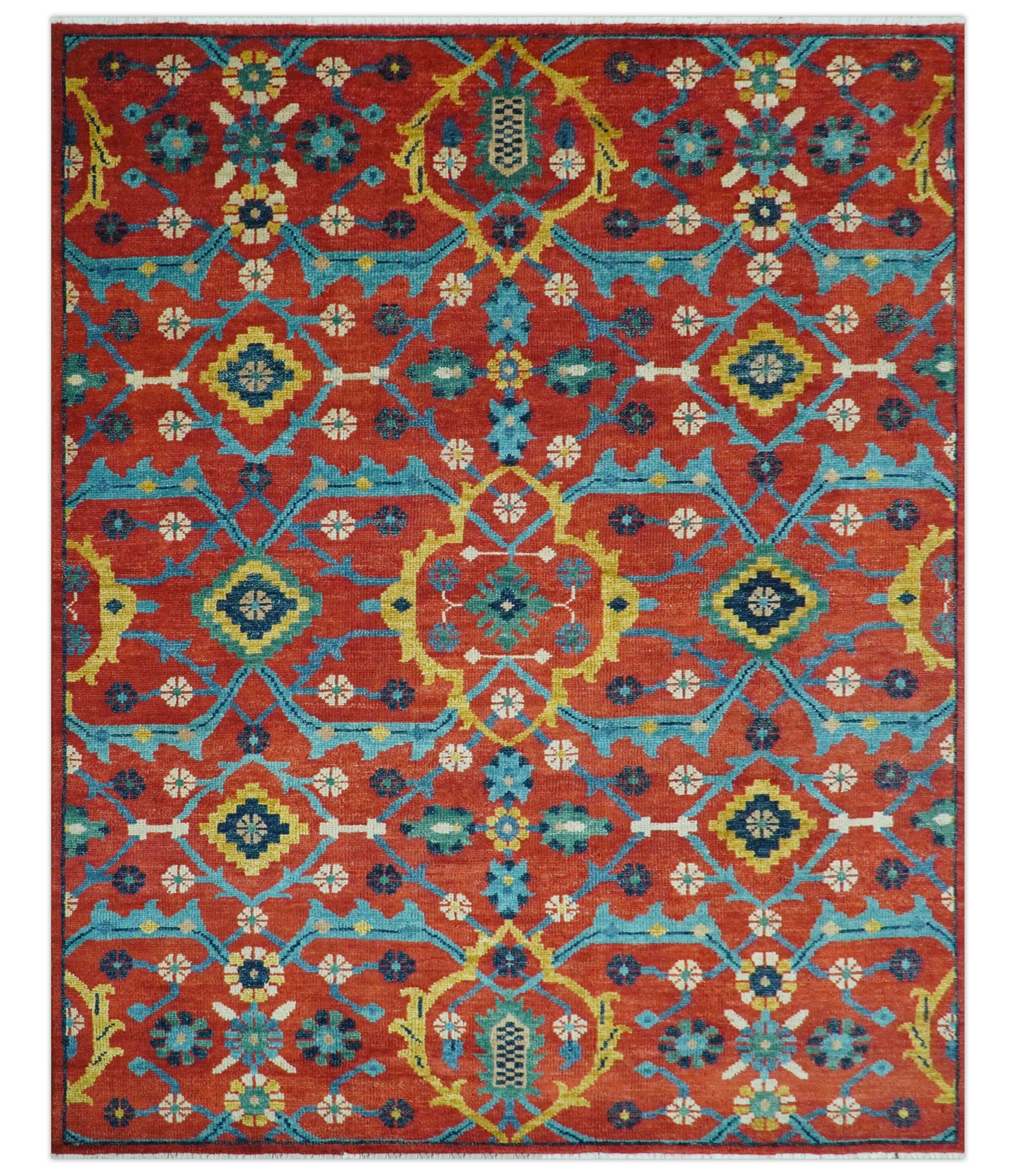 Custom Made Red And Blue Traditional Floral Motifs Hand Knotted Wool Rug