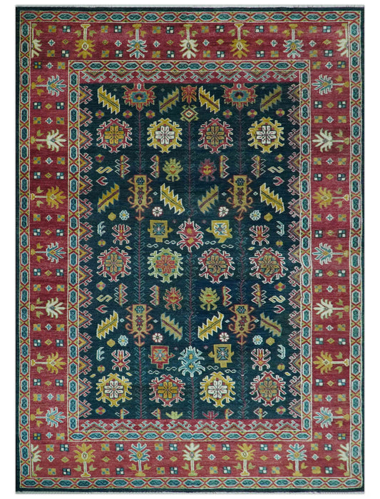 Custom Made Blue And Red Traditional Tribal Design Hand Knotted Wool Rug