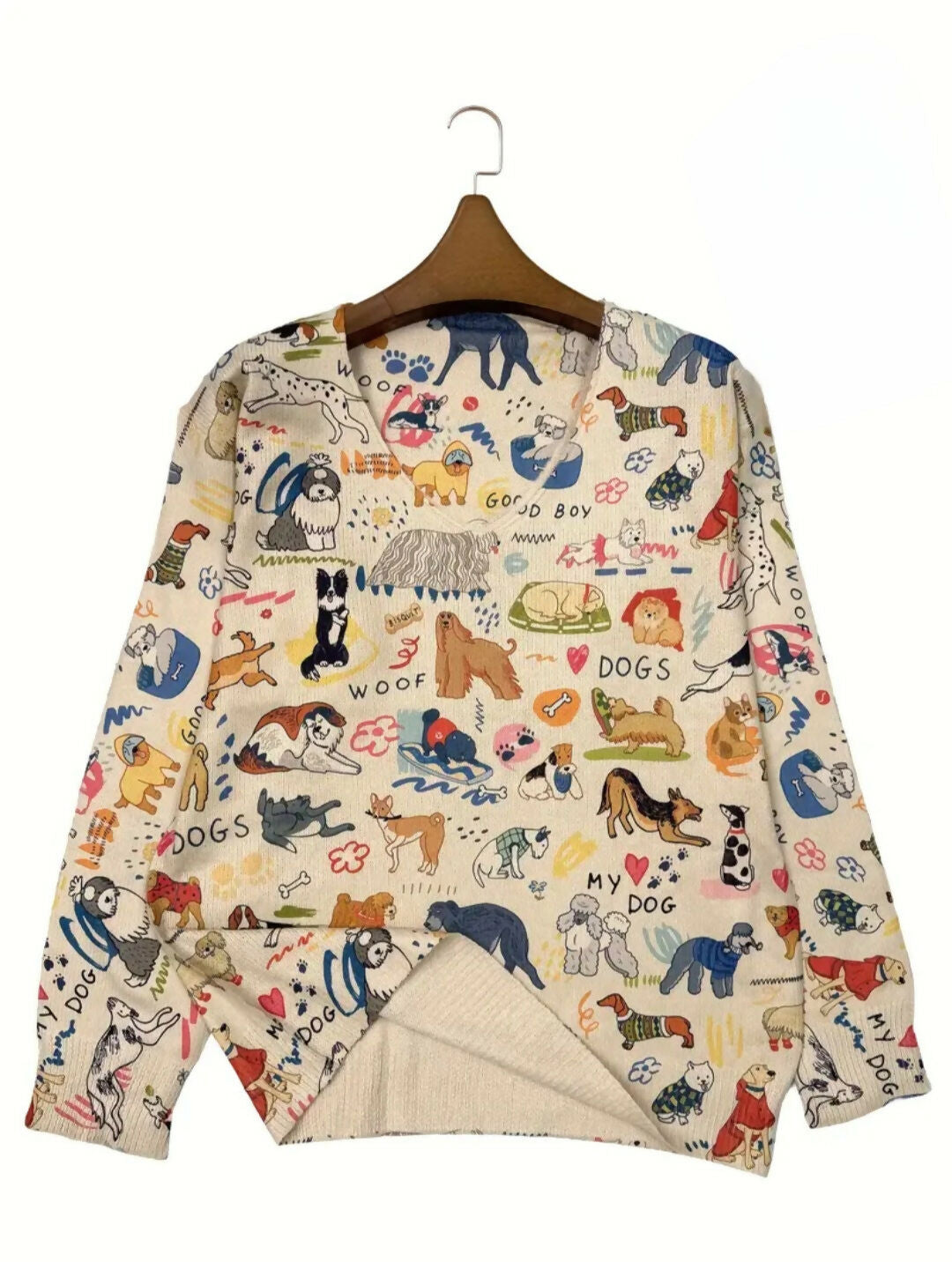 Anytime Crystals Tan Dog Breeds Print Lightweight V-Neck Sweater