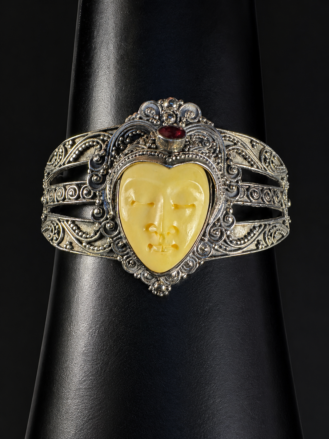 Vintage 925 Sterling Silver Ruby Venetian Mask Face Cuff Bracelet Artisan Gothic Statement