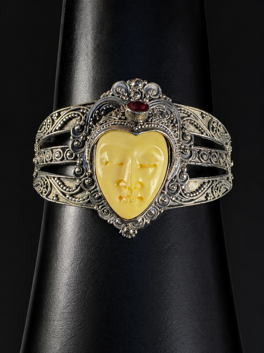 Vintage 925 Sterling Silver Ruby Venetian Mask Face Cuff Bracelet Artisan Gothic Statement