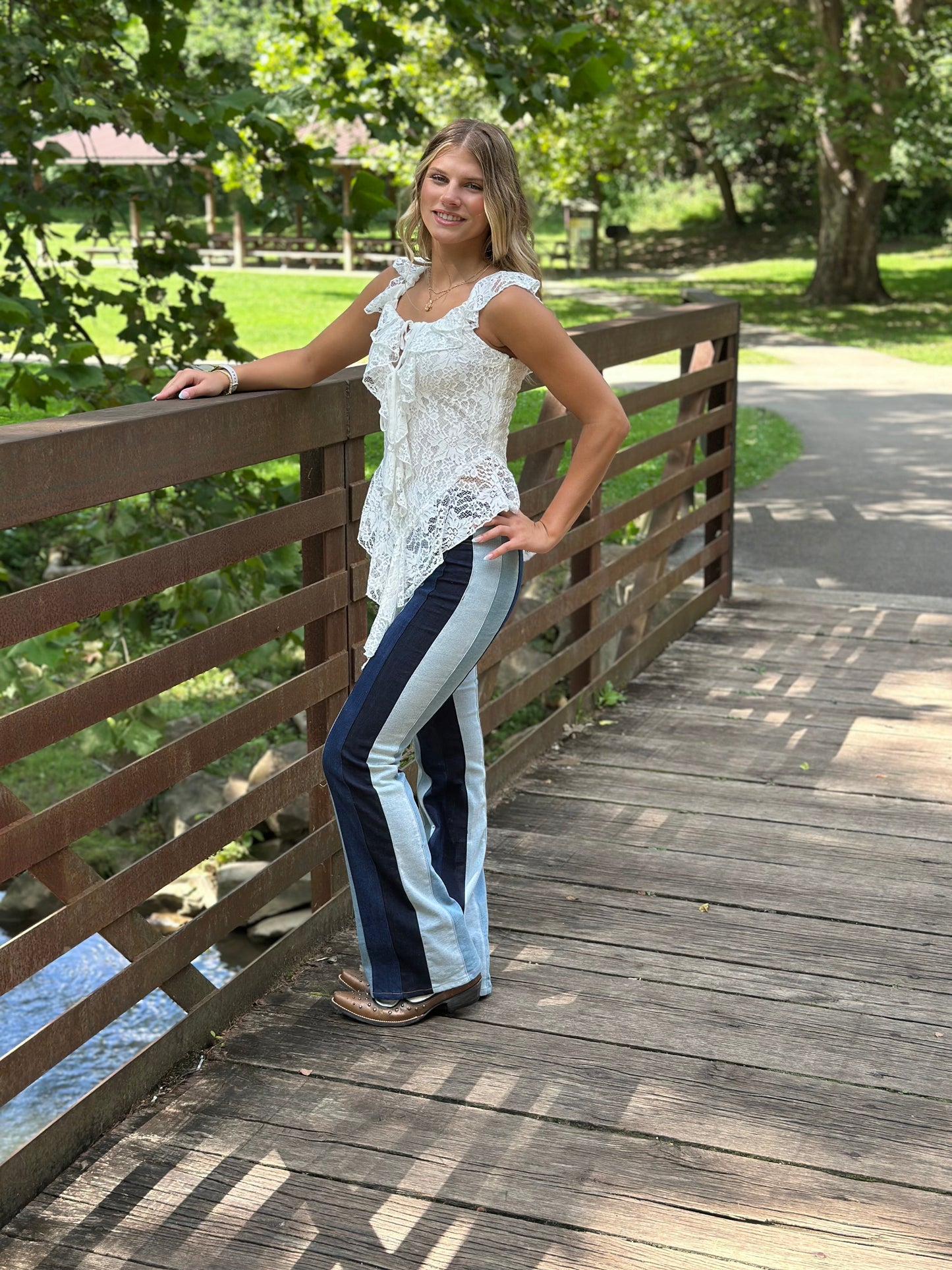 Striped Denim Color Block Flare Jeans